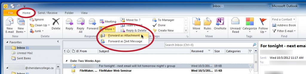 screen capture of email forward as Attachment or Text Message