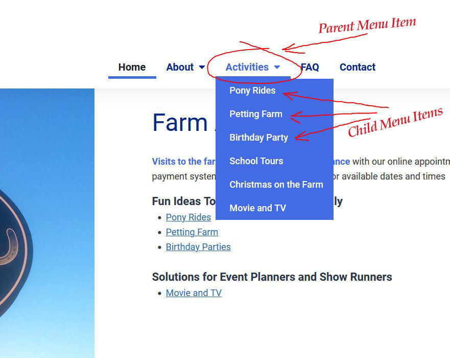 screen capture of a typical navigation menu showing parent and child items