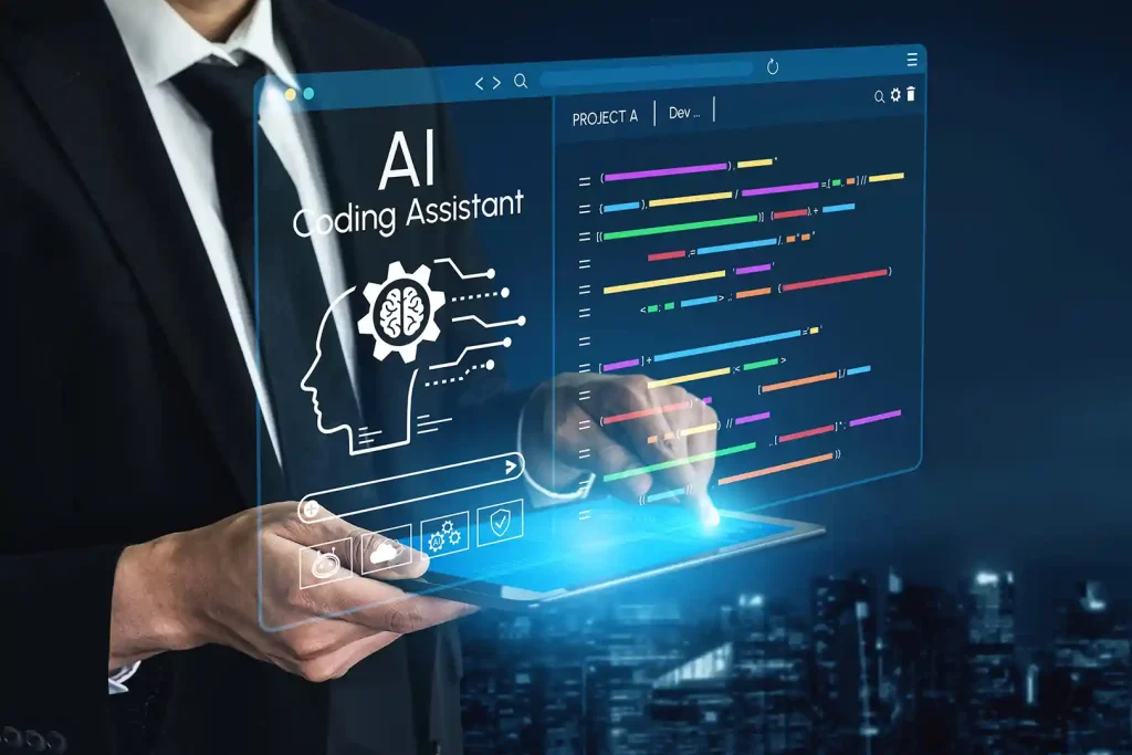 Person in a suit using a tablet with a floating AI coding assistant screen showing lines of code