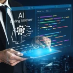 Person in a suit using a tablet with a floating AI coding assistant screen showing lines of code