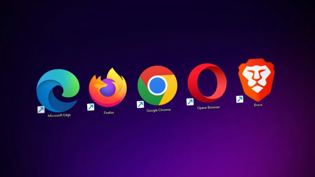 Screen with browsers on Desktop: Microsoft Edge, Firefox, Google Chrome, Opera-Browser and Brave